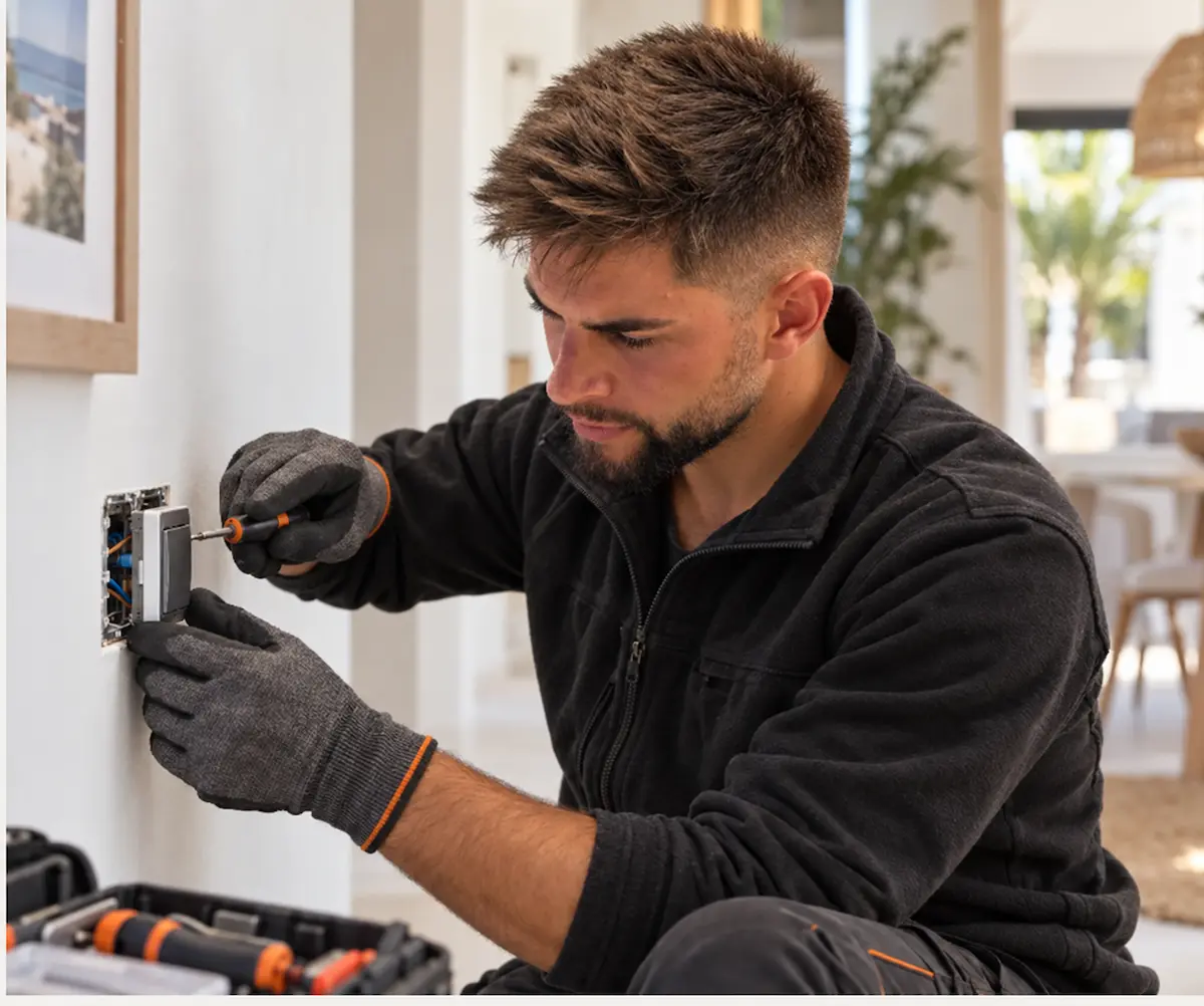 Diego Calivar trabajando en una instalación eléctrica