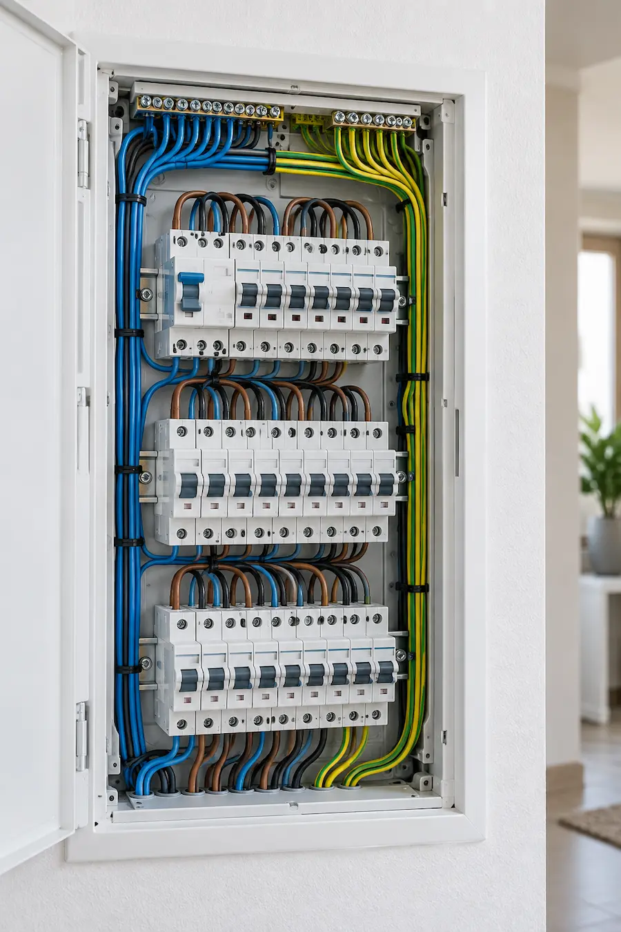 Cuadro eléctrico con cableado organizado y filas de magnetotérmicos