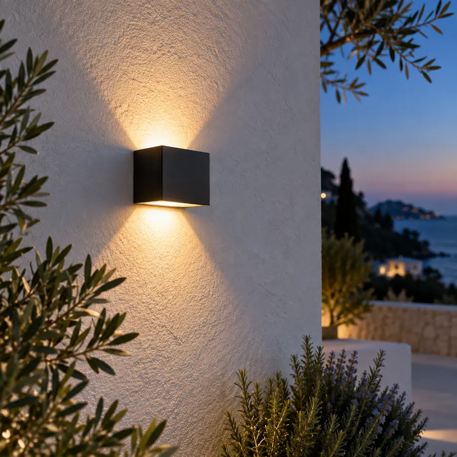 Aplique exterior negro iluminando una pared de una vivienda al anochecer
