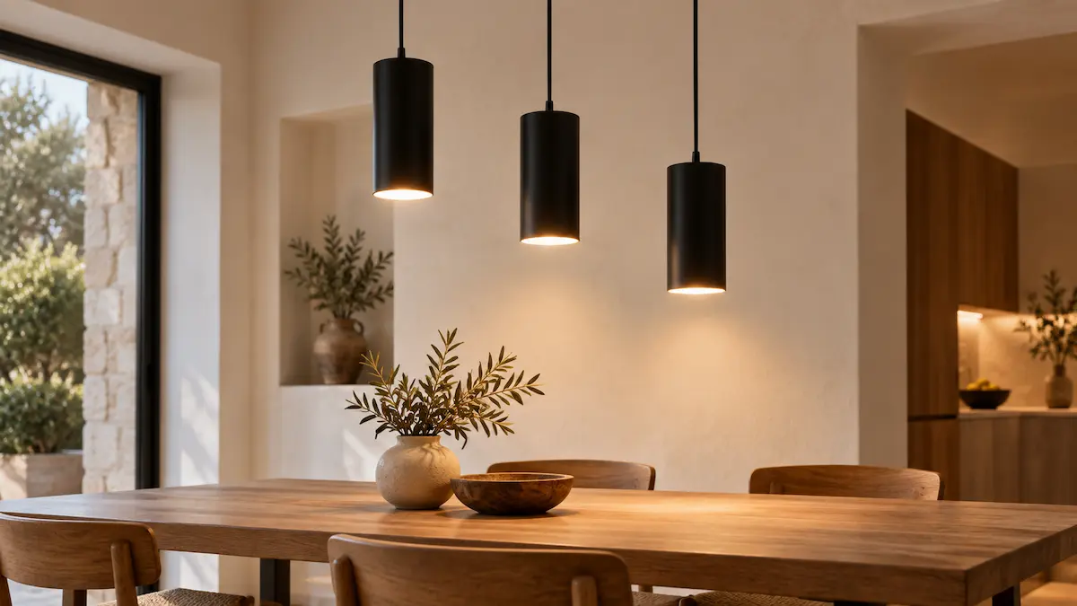 Tres lámparas colgantes negras iluminando un comedor