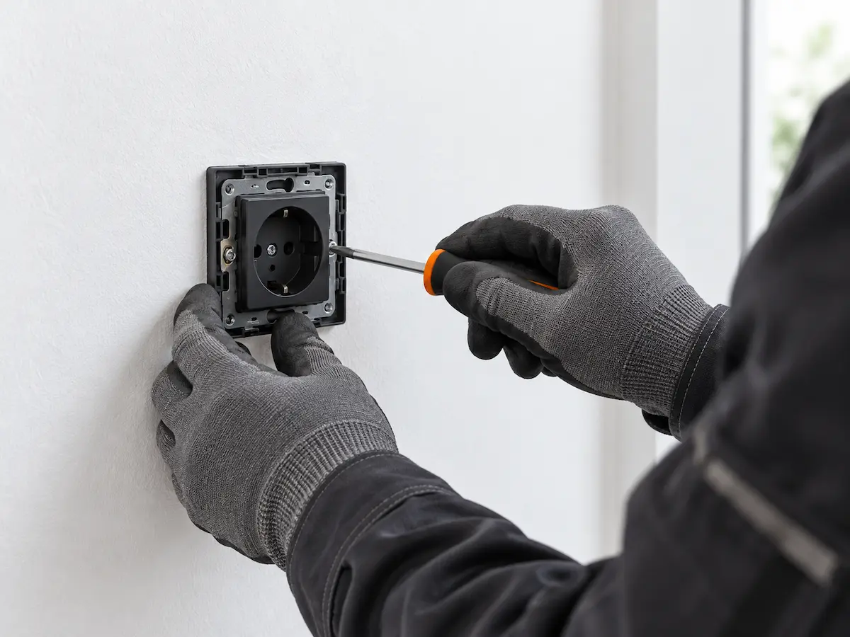 Manos con guantes instalando un mecanismo eléctrico en la pared